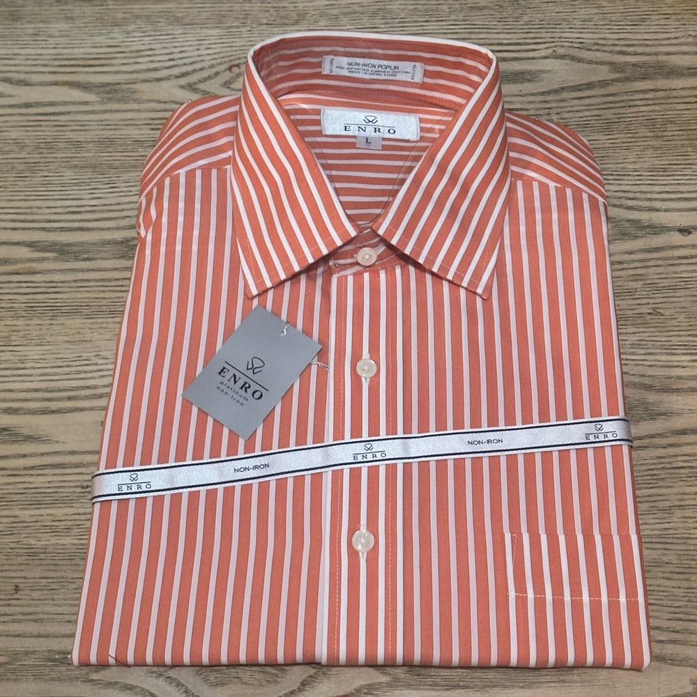 Enro Men’s Dress Regular Size L Cotton Salmon White Striped Long Sleeve Shirt